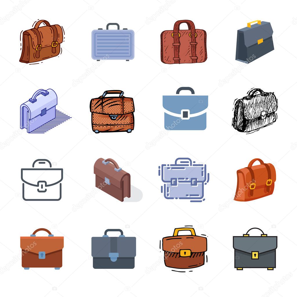 Briefcase vector business suitcase bag and baggage accessory for work or office illustration set bagged case isolated on white background
