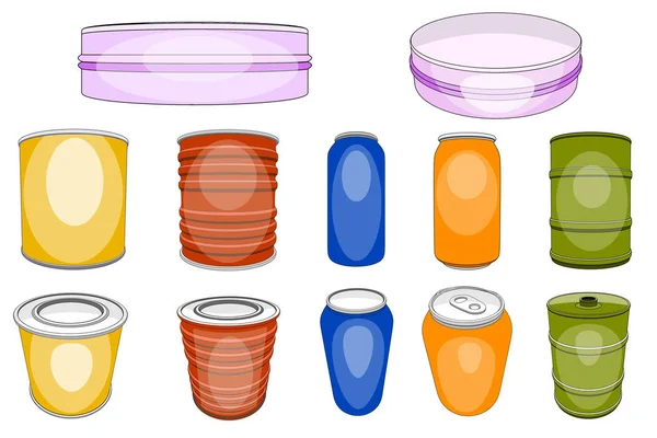 Hliníkové plechové vektor barevné hliníkové můžete sody nápoje nebo alkoholu pivo a prázdná láhev od kovové nebo hliníkové nádoby ilustrace izolované na bílém pozadí — Stockový vektor