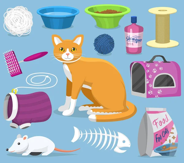 Juguetes para gatos vector mascotas accesorios para pussycats cuidado o juego gatito bowl y animal aseo herramientas gatito cepillo ilustración felino conjunto aislado en fondo — Archivo Imágenes Vectoriales