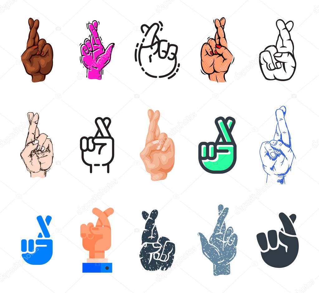 Crossed fingers vector fingered sign of human hand and symbol of luck or lie illustration fingering set isolated on white background