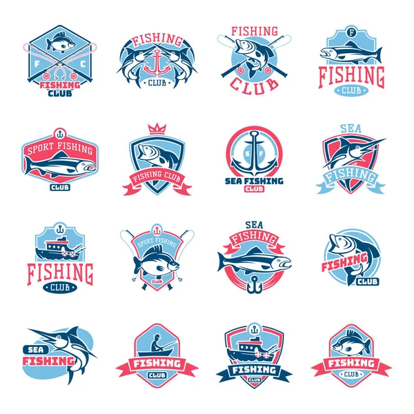 Fishing logo vector fishery logotype with fisherman in boat and emblem with fished fish for fishingclub illustration set isolated on white background — Stock Vector