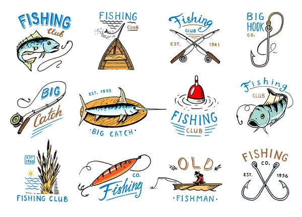 Fishing logo vector fishery logotype with fisherman in boat and emblem with catched fish on fishingrod illustration set for fishingclub isolated on white background — Stock Vector