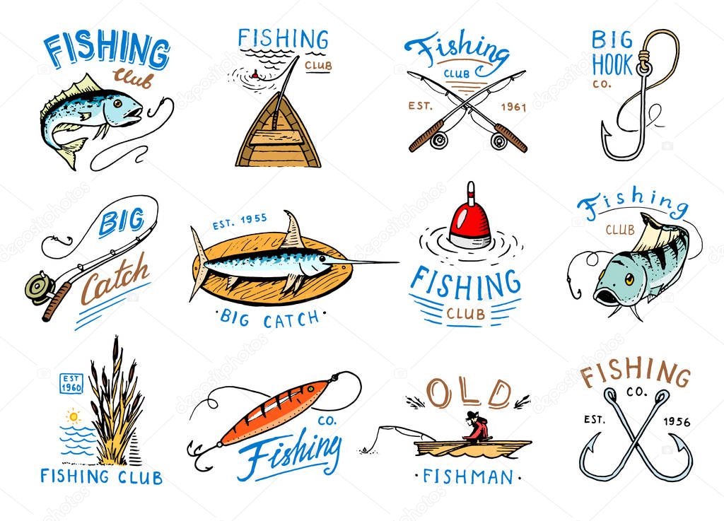 Fishing logo vector fishery logotype with fisherman in boat and emblem with catched fish on fishingrod illustration set for fishingclub isolated on white background.