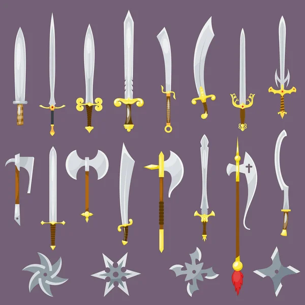 Zwaard vector middeleeuwse wapen van ridder met scherp mes en piraten Messenset illustratie slagzwaard geïsoleerd op achtergrond — Stockvector
