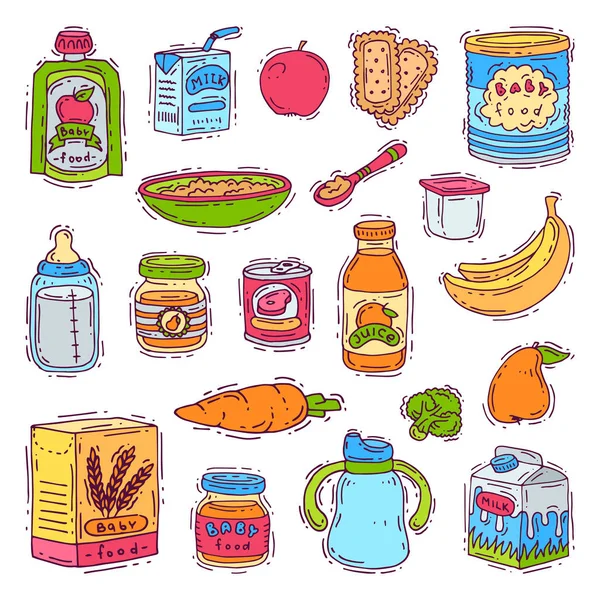 Dziecko jedzenie wektor dziecko zdrowe odżywianie warzywo tłuczone, puree w słoiku i świeży sok z owoców jabłka banany dla opieki zdrowotnej zestaw ilustracja na białym tle — Wektor stockowy
