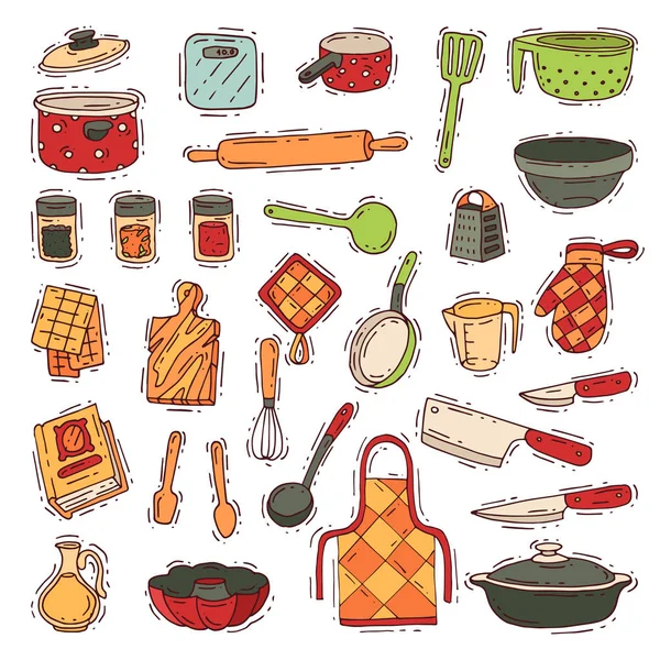 Köksartiklar vektor köksredskap för matlagning och köksredskap eller bestick för kitchener illustration servis i pentry uppsättning isolerad på vit bakgrund — Stock vektor