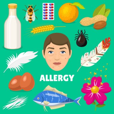 Anti vektör alerjen gıda ve Alerjik süt yumurta fıstık ve balık gösterimi alerjenite döküntü cilt üzerinde arka izole ile yüz karakter ayarla