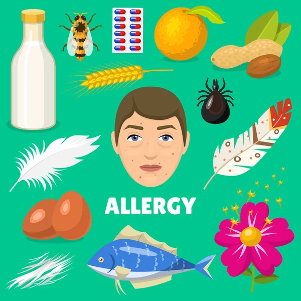 Alergia vector alérgeno alimentos y leche alérgica huevo cacahuete y pescado ilustración de alergenicidad conjunto cara de carácter con la piel erupción aislada en el fondo — Archivo Imágenes Vectoriales
