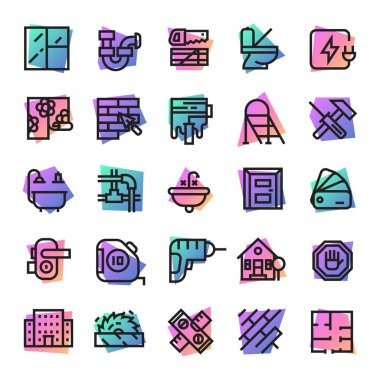 Builder araçları beyaz arka plan üzerinde izole ev kümesi oluşturmak bina ve onarım ev illüstrasyon yapıcı donanımları için inşaat simgeler vektör