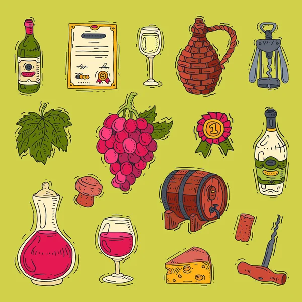 Wijn vector alcohol in wijnflessen van producent en wijnglas met druivenmost of grapevine illustratie set wijnkelder geïsoleerd op achtergrond — Stockvector