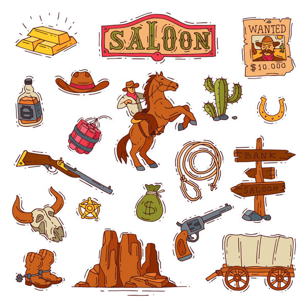 Дикий запад вектор западного ковбоя или шерифа в пустыне дикой природы с кактусом иллюстрация дико характер в шляпе с пистолетом на родео набор изолированы на белом фоне
