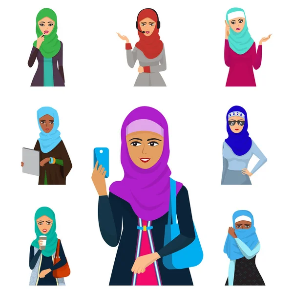 Arabische vrouw volwassen teken Arabische Azië nationaliteit islamitische meisje gezicht in hijab vectorillustratie — Stockvector