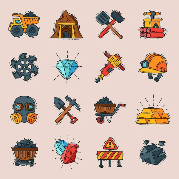 Coal vector mining engineering industry work business construction factory line mine icons illustrazione con icone moning come camion, carbone, utensili minatore — Vettoriale Stock