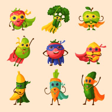 Süper kahraman meyve meyveli çizgi film karakteri ifade sebze komik süper kahraman elma, muz ve maske illüstrasyon verimli vejetaryen diyet set arka plan üzerinde izole biber ile vektör