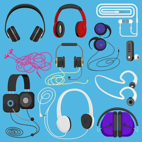 Headphones vector illustration headset to listen to music for dj and audio earphone devices illustration stereo headgear and earbuds set isolated on white background — Stock Vector