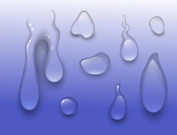 Gocce di spruzzi d'acqua vettoriali realistici gocce di pioggia trasparenti 3d realistiche illustrazione blu onda — Vettoriale Stock