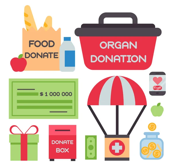 Faire un don boîte à argent ensemble symboles aider philanthropie don contribution charité philanthropie humanité soutenir vecteur . — Image vectorielle