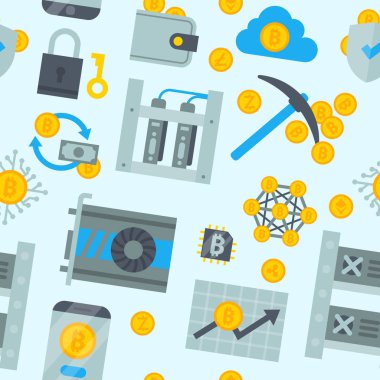 Simgeler vektör Bitcoin incelemesi para Finans internet iş bit sanal Kripto currence blockchain cryptocurrency paraları traiding yatırım illüstrasyon Satım kavramı Dikişsiz desen arka plan