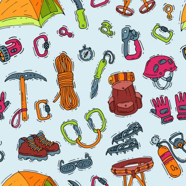 Climbing vector climbers equipment helmet carabiner and axe to climb in mountains illustration sot of mountaineering or alpinism tools for mountaineers seamless pattern background clipart