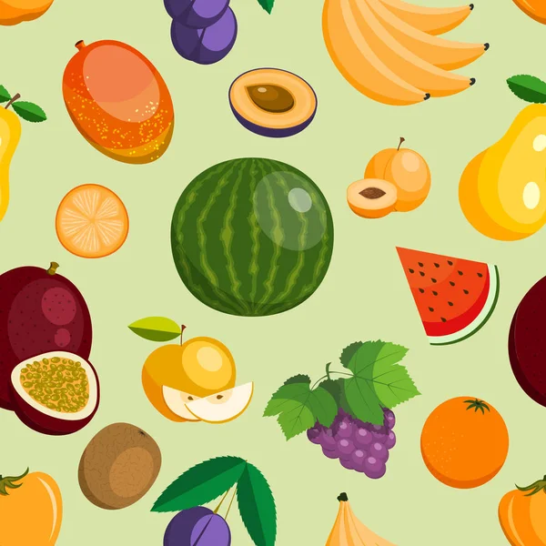 Frutos vetoriais maçã exótica, banana e mamão ilustração de estilo plano. Fatias frutadas frescas dragonfruit tropical ou laranja suculenta fundo padrão sem costura frutífera —  Vetores de Stock