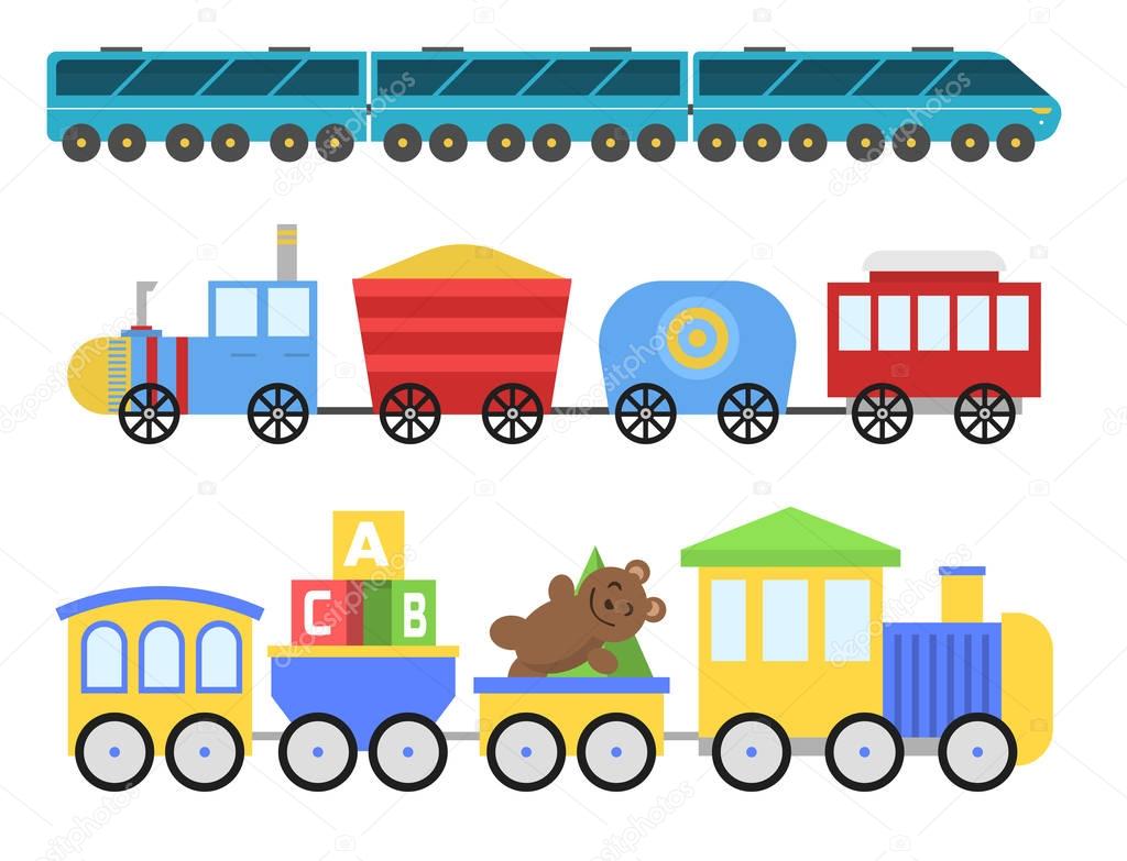 Cartoon toy train vector railroad and cartoon carriage game fun leisure joy gift locomotive transportation.