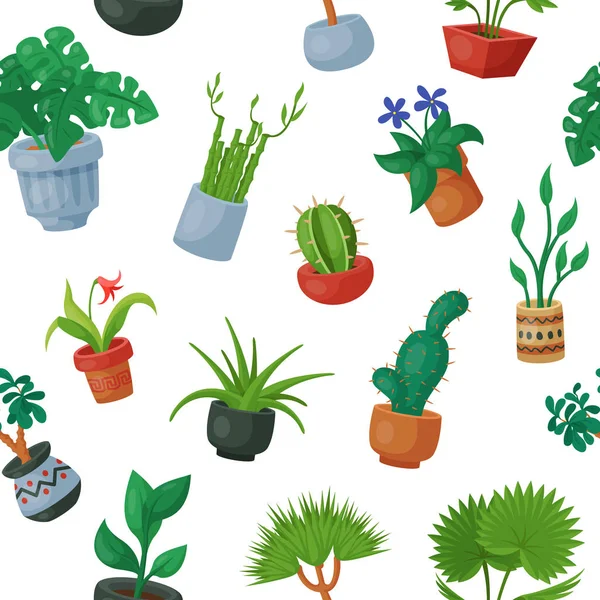 Home Le piante in vasi da fiori vaso piante d'appartamento fiorite per la decorazione di interni collezione botanica cactus floreali in vasi e fiori giardino botanico illustrazione senza soluzione di continuità modello di sfondo — Vettoriale Stock