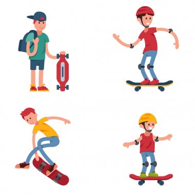 Genç kaykaycı aktif insanlar aşırı aktif kaykay kentsel atlama hileler vektör çizim spor.
