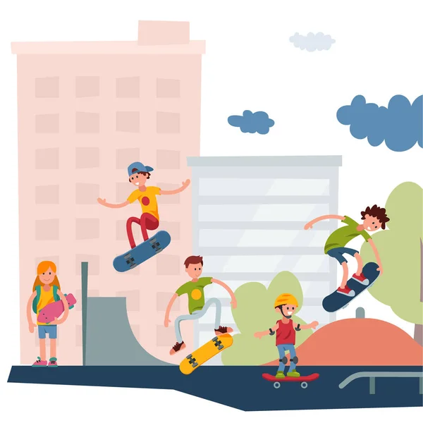 Skateboarder active people park sport extreme outdoor active skateboarding urban jumping tricks vector illustration. — Stock Vector