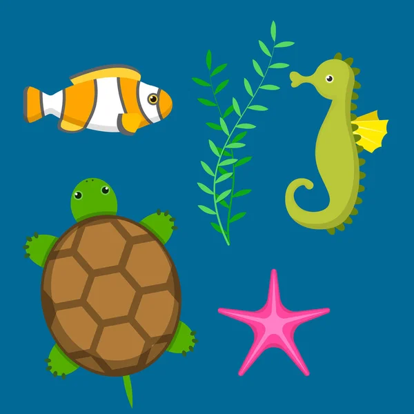 Set aquatic funny sea animals underwater creatures cartoon characters shell aquarium sealife vector illustration. — Stock Vector