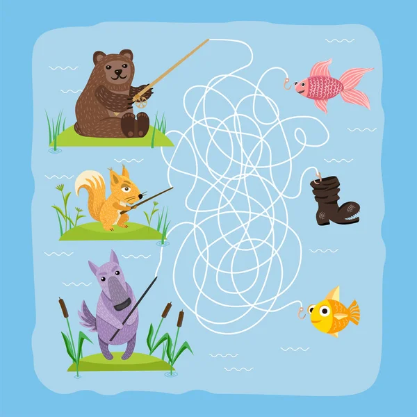 Labirinto gioco bambini cervello formazione enigma enigma con animali modo aggrovigliato strada stampabile sfondo vettoriale illustrazione . — Vettoriale Stock