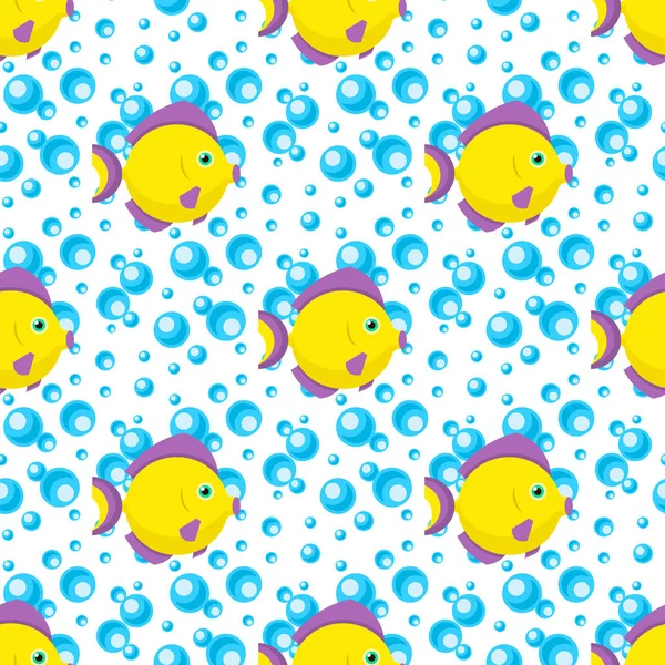 Aquatische grappige vis gele dieren onderwater zeedieren cartoon tekens shell aquarium sealife naadloze patroon achtergrond vectorillustratie. — Stockvector