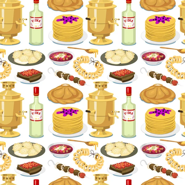 Tradiční ruské kuchyně vzor bezešvé pozadí kultury jídlo kurz jídlo Vítejte v Rusku gurmánské národní jídlo vektorové ilustrace — Stockový vektor