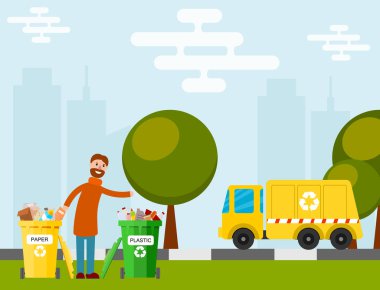 Atık geri dönüşüm vektör çöp işlemi fabrika kamyonu işleme sanayii getirdi üretim illüstrasyon imalat.