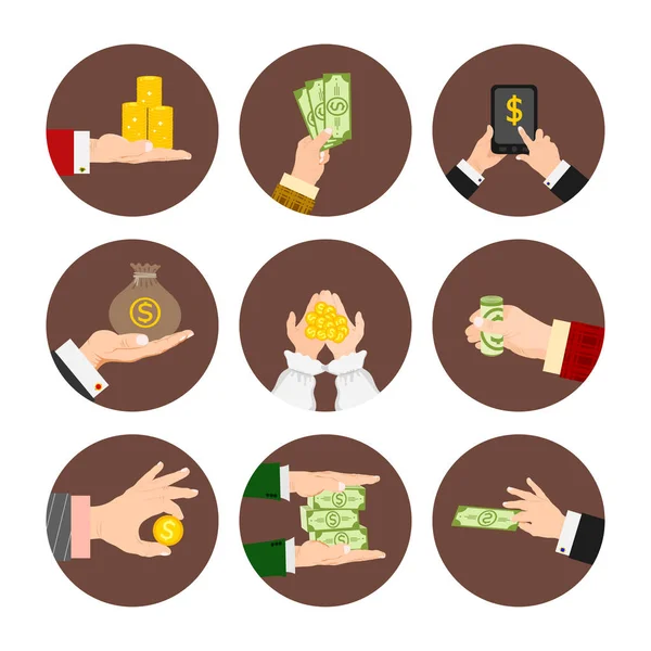 Uomo d'affari mani umane braccio in possesso di carta moneta stack vettore illustrazione concetto di finanza — Vettoriale Stock