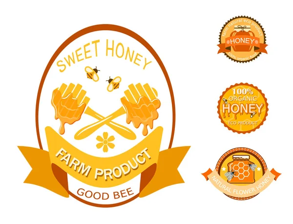 Nastavit štítky s logem včelí med produkty ekofarmy přírodní sladká produkt kvalitní zdravé potraviny vektorové ilustrace. — Stockový vektor
