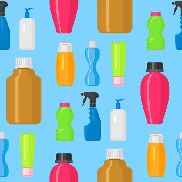 Flaskor vektor hushållskemikalier leveranser städning hushållsarbete tvättmedel flytande inhemska flytande plastflaska renare pack seamless mönster bakgrund illustration. — Stock vektor