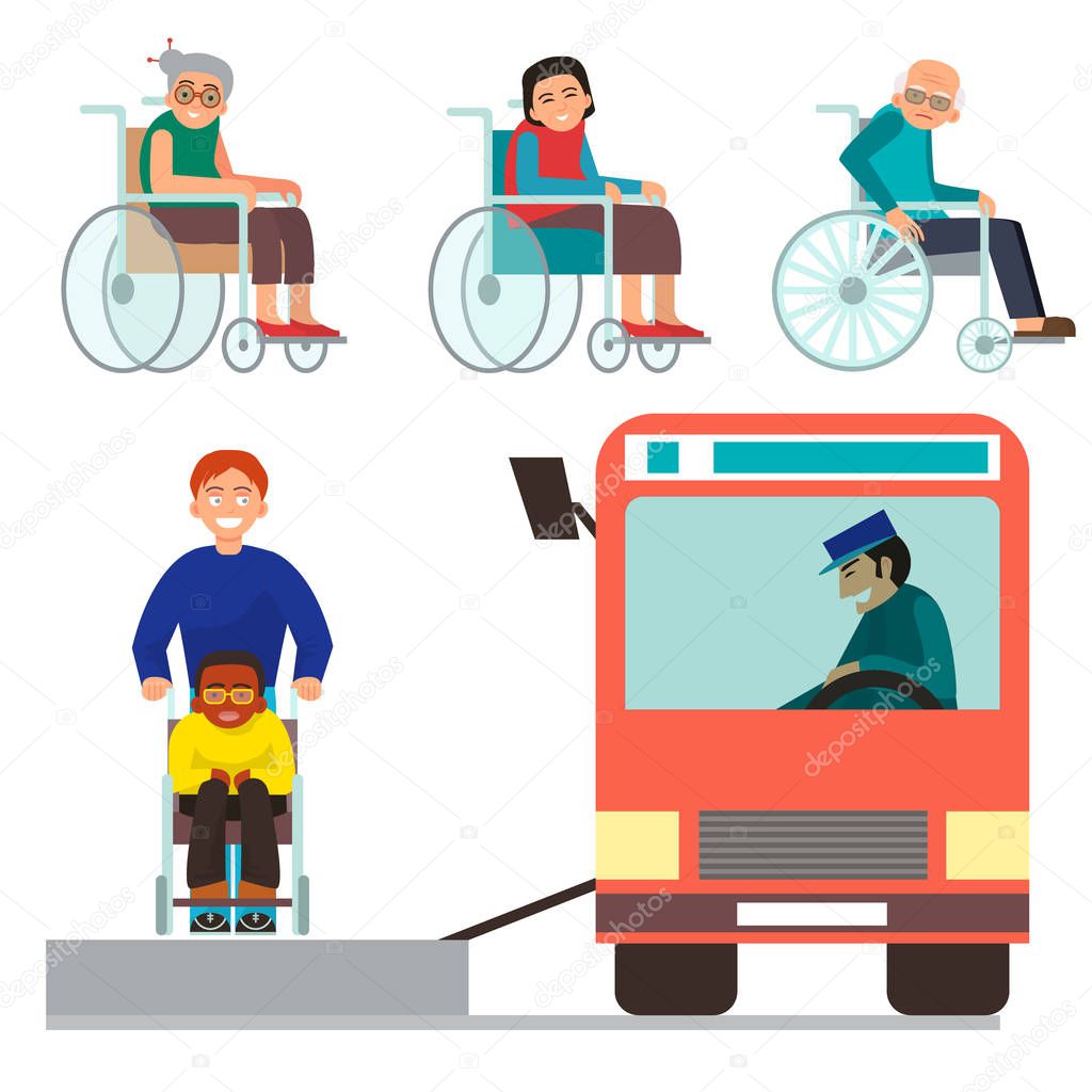 Disabled handicapped diverse people vector wheelchair invalid person help disability characters disable medical assistance illustration.