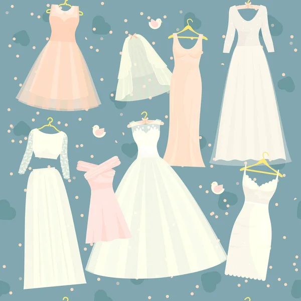 Robes de mariée ensemble vectoriel mariée et demoiselle d'honneur vêtements blancs accessoires de pansement célébration de la douche nuptiale et mariage mode habillée illustration isolée fond de modèle sans couture — Image vectorielle