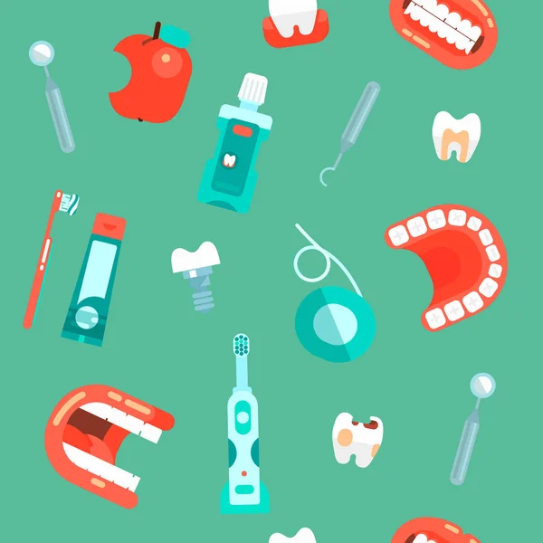 Fogászati ikonok beállítása vektor fogorvos eszközök fogászat és a fogszabályozás Sztomatológia berendezések fogkefe és a fogkrém. Fogtisztítás implantátumok illusztráció varrat nélküli mintát háttér — Stock Vector