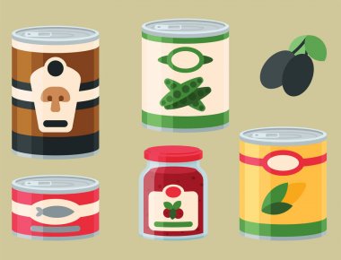 Collection of various tins canned goods food metal and glass container vector illustration. clipart