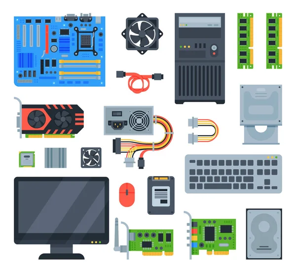 Acessórios de computador vetor pc equipamento de memória placa-mãe e teclado ilustração computação conjunto isolado no fundo branco — Vetor de Stock