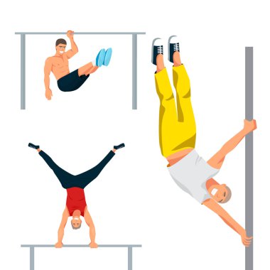 Kas fitness spor karakter vektör çizim çekerek yatay yapamadın güçlü atlet adam jimnastik salonu egzersiz sokak iş bar tricks.