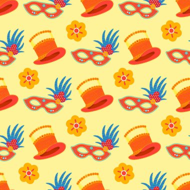 Karnaval İtalya ve Brezilya maskeleri kutlama şenlikli carnaval maskeli balo Dikişsiz desen arka plan festival vektör çizim.