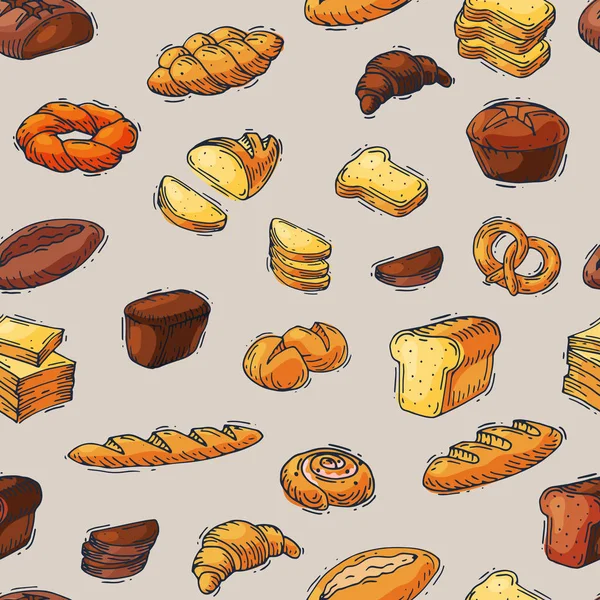 Panadería y pan vector hornear pan pan pan de harina o baguette horneado por panadero en pasteles de panadería conjunto ilustración patrón sin costuras fondo — Vector de stock