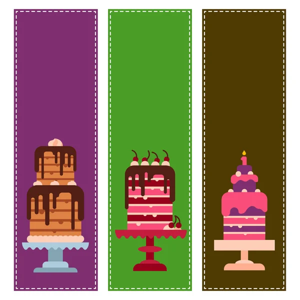Свадьба или день рождения торты открытки плоские сладости десерт церемонии пекарни вкусные векторные иллюстрации . — стоковый вектор