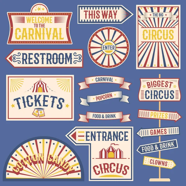 Etiquetas de circo carnaval mostrar banner elementos de etiqueta vintage para design de circo sobre o tema da festa. Coleção de símbolos à moda antiga festa festiva emblemas e logotipos divertido tag ilustração gráfica — Vetor de Stock