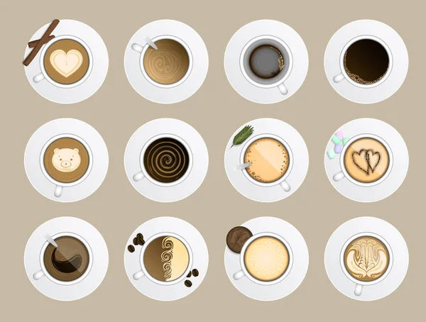 Кавова чашка зверху реалістичний векторний напій різних типів кави, капучино, латте, шоколад, какао на дошці столу. Ідеальні чашки кави для колекції асортименту меню ароматний напій — стоковий вектор