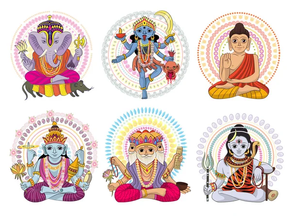 Indiase god vector Hindoeïsme godheid van godin en goddelijke idool Ganesha in India illustratie set van Aziatische goddelijke religie geïsoleerd op witte achtergrond — Stockvector