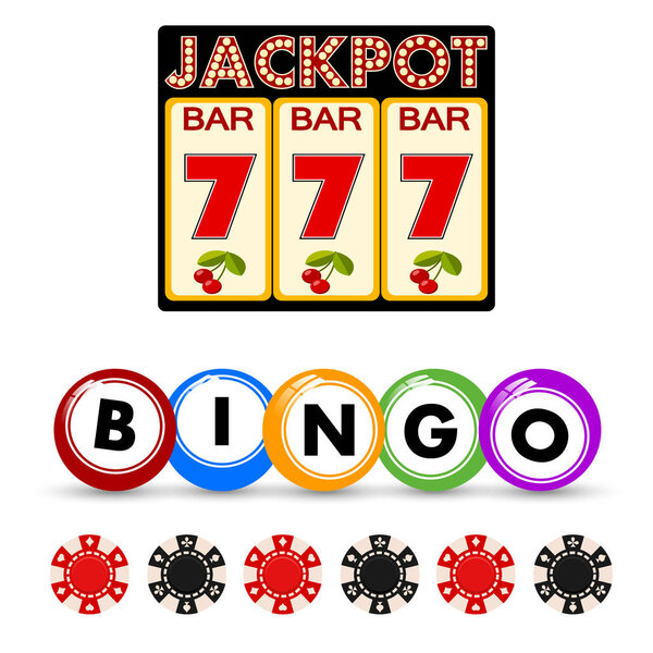 Casino gambling win luck fortune gamble play game objects risk chance icons success vegas roulette gaming vector illustration.