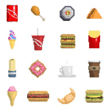 Piksel lokanta vektör simgeler fastfood bilgisayar retro oyun tasarımı simgesi web grafik yemek mutfağı resimde hızlı restoran pixelated öğesi tatlı iz meyve